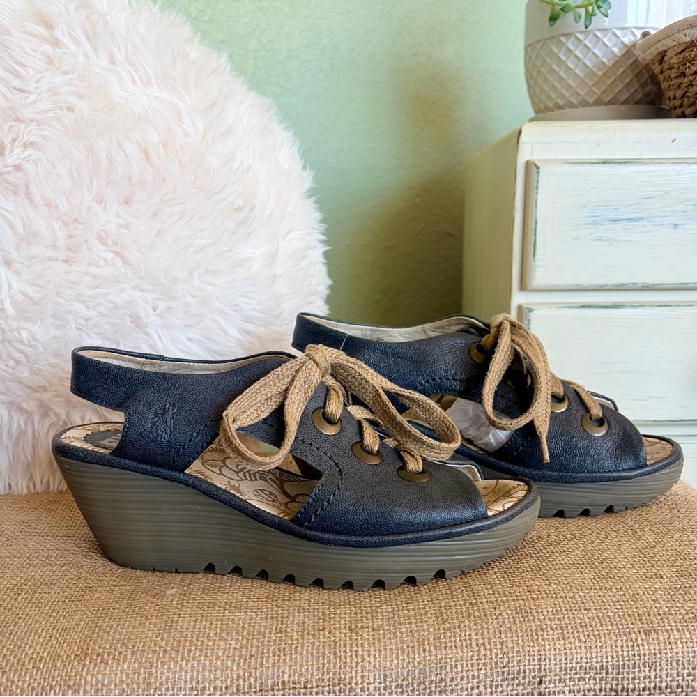 Fly London Black Wedge Sandals with Tan Laces